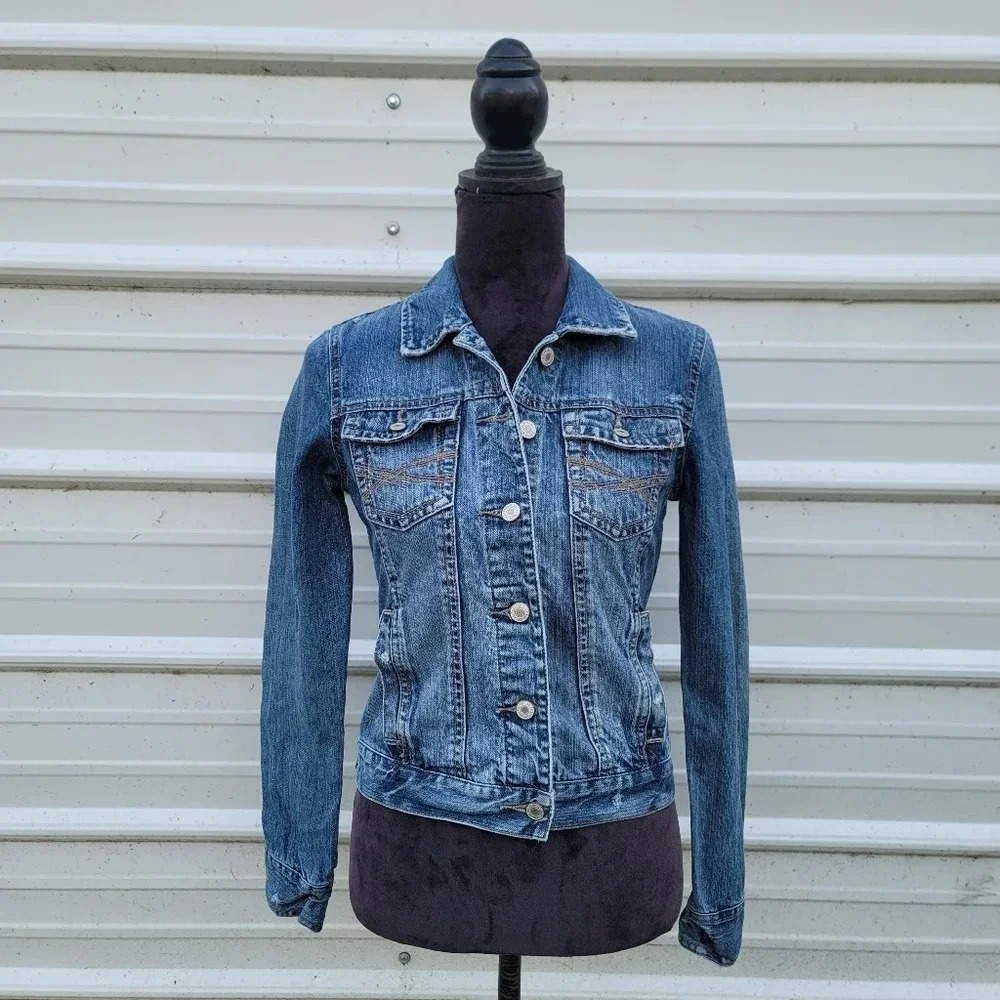 Aeropostale Jean Jacket Womens Distressed Denim Short Length Blue Long Sleeve S